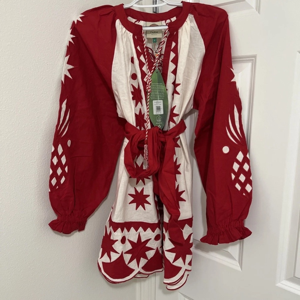 Farm Rio Red Tropical Cutwork Scalloped Hem Mini Dress with Self Tie Belt